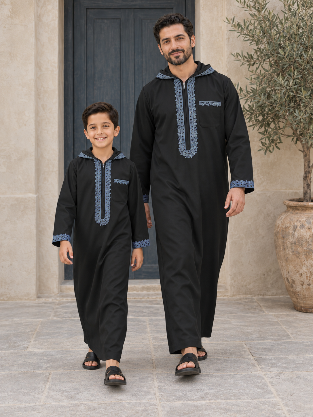Matching Father & Son Black Hooded Djellabas with Blue Embroidery – Long Sleeve Robes for Eid & Family Occasions