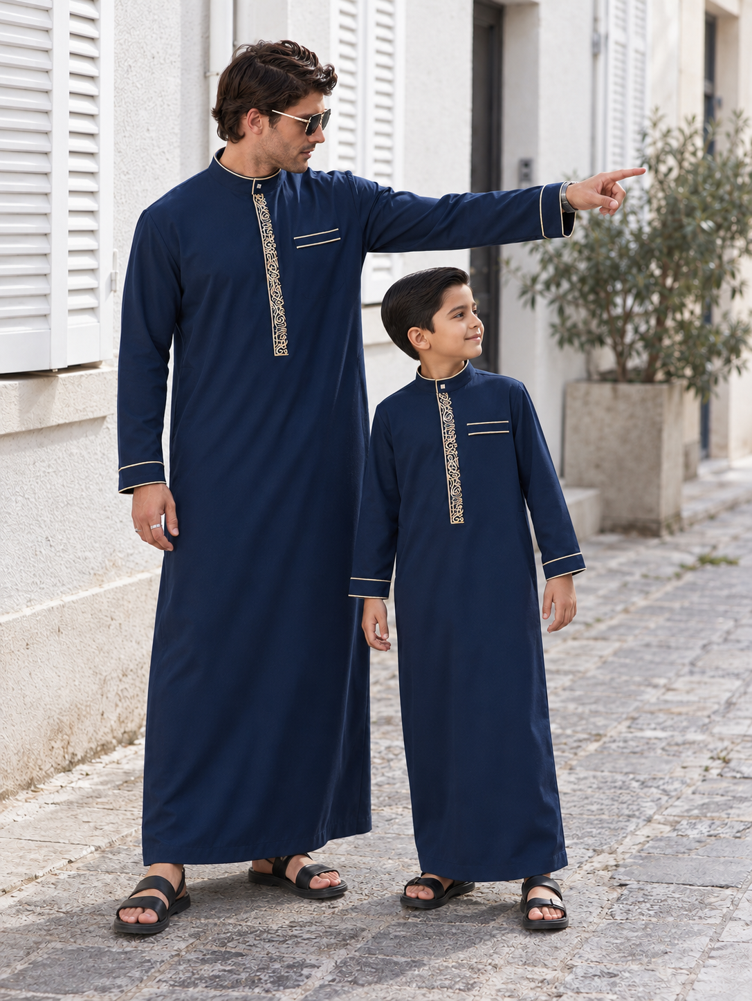 Matching Father & Son Navy Blue Thobes with Gold Embroidery – Long Sleeve Islamic Robes for Eid & Family Occasions