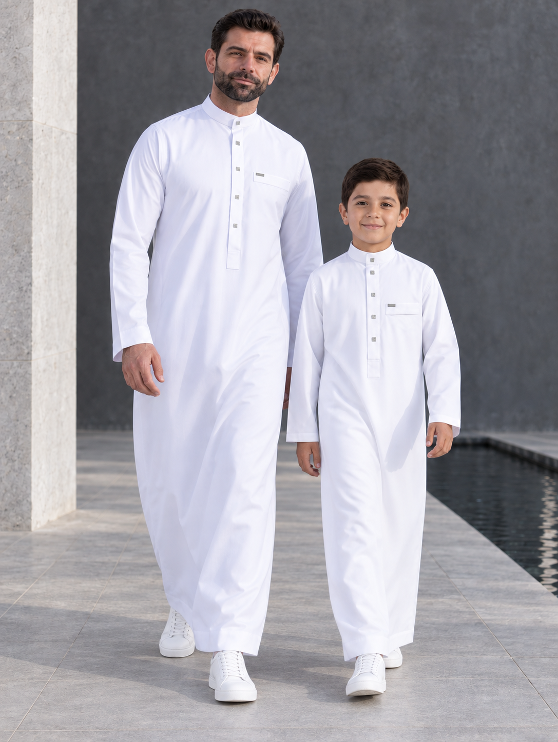 Matching Father & Son White Thobes with Silver-Tone Button Details – Long Sleeve Islamic Robes for Eid, Prayer & Everyday Wear