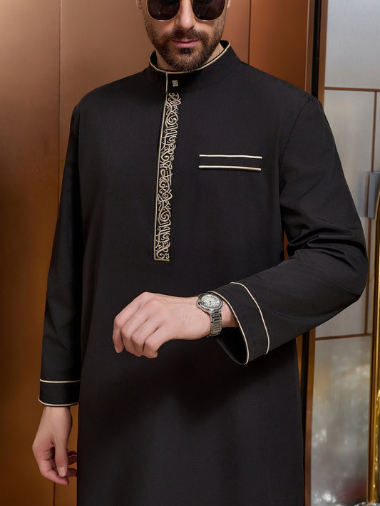 Modern Elegant Men's Stand Collar Thobe with Geometric Embroidery Placket and Piped Faux Pocket, Two Colors Available