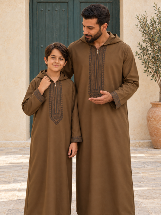 Matching Father & Son Brown Hooded Djellabas with Tonal Embroidery – Long Sleeve Robes for Eid & Family Occasions