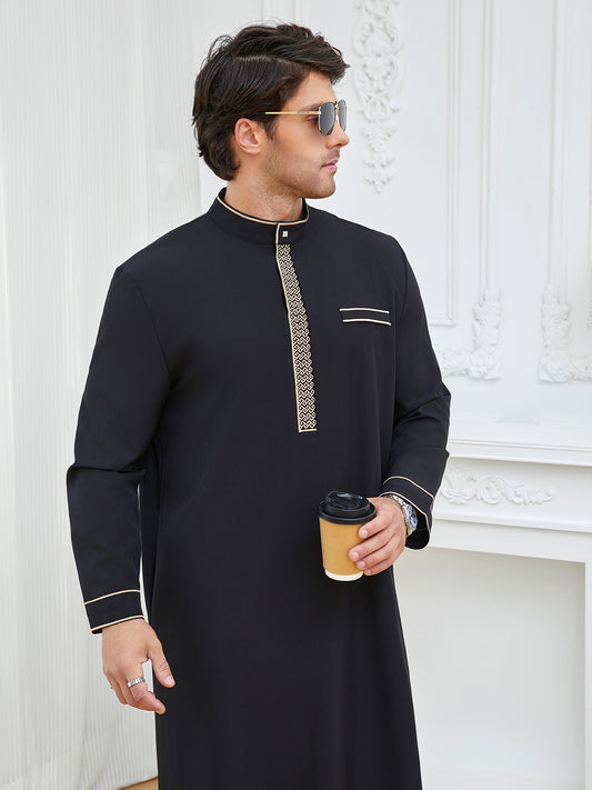 Men's Stand Collar Arabian Thobe - Spring & Autumn Prayer Robe for Eid al-Fitr & al-Adha
