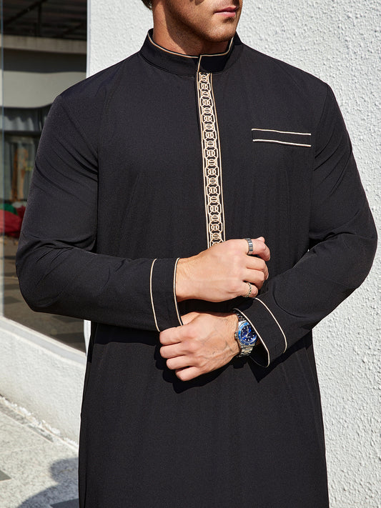 Refined Men's Stand Collar Thobe with Geometric Embroidery & Decorative Faux Pocket - Two Colors Available