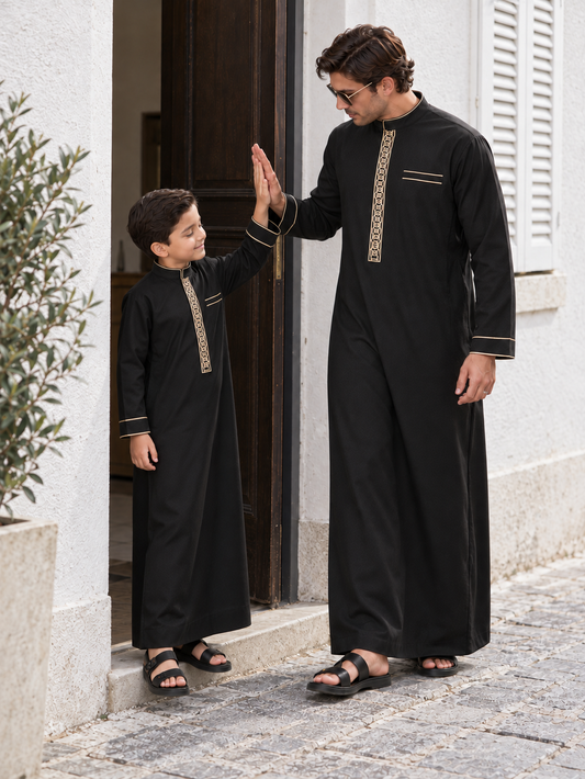 Matching Father & Son Black Thobes with Gold Geometric Embroidery – Long Sleeve Islamic Robes for Eid & Family Occasions