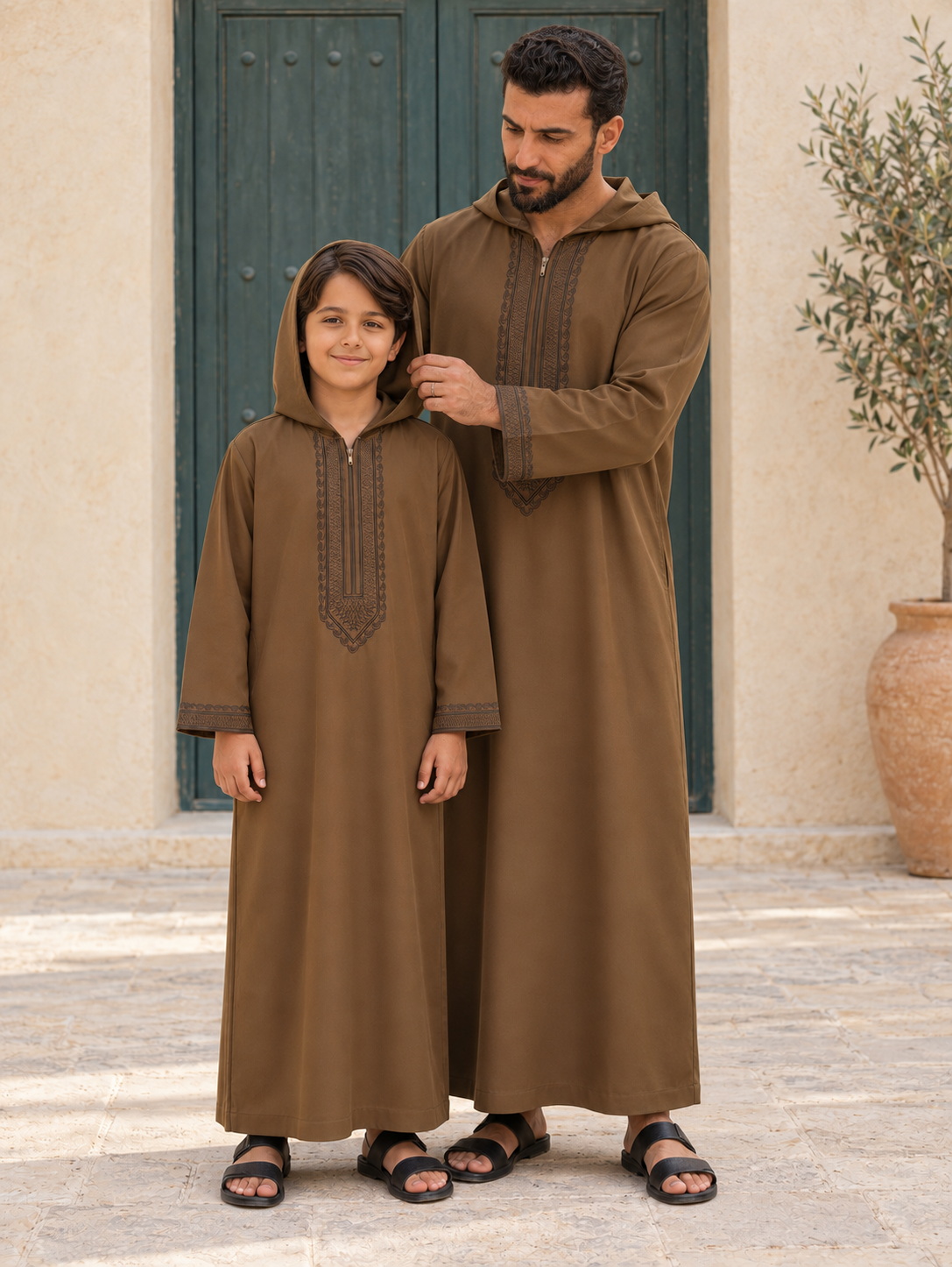 Matching Father & Son Brown Hooded Djellabas with Tonal Embroidery – Long Sleeve Robes for Eid & Family Occasions