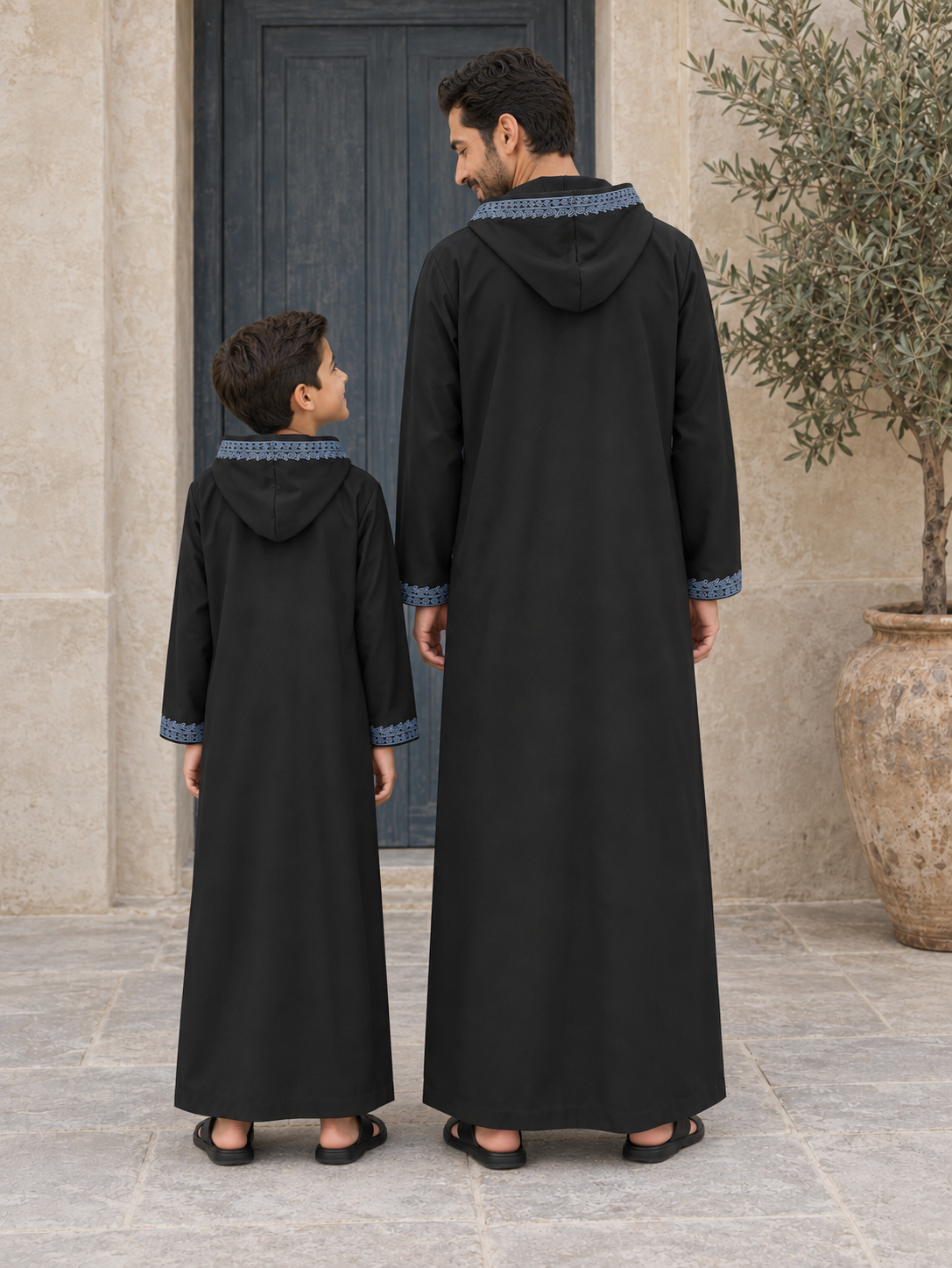 Matching Father & Son Black Hooded Djellabas with Blue Embroidery – Long Sleeve Robes for Eid & Family Occasions
