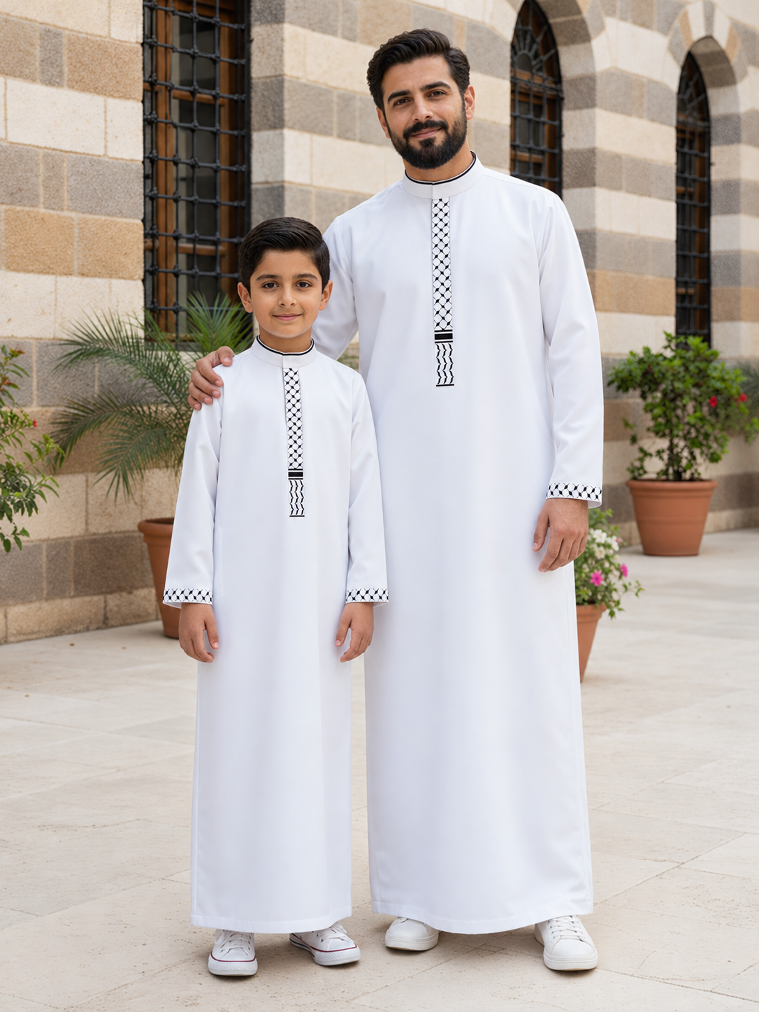Matching Father & Son White Thobes with Black Keffiyeh-Inspired Embroidery – Long Sleeve Islamic Robes for Eid & Prayer