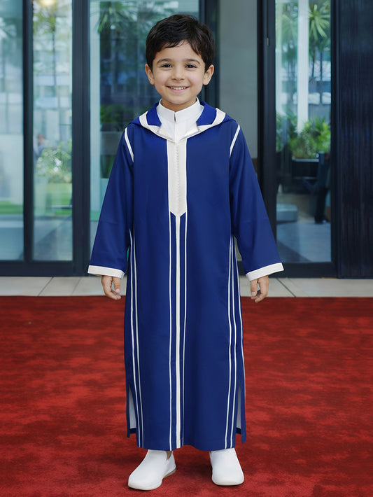 Boys’ Royal Blue Hooded Djellaba with White Contrast Trim – Long Sleeve Robe for Eid & Everyday Wear