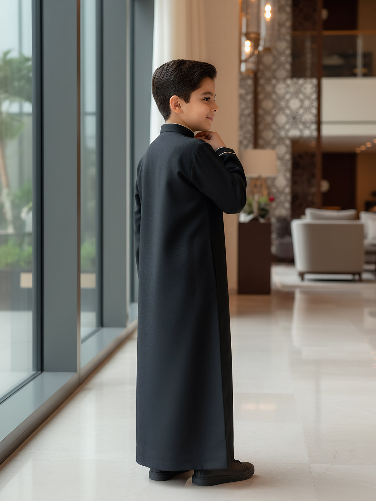 Boys' Black Embroidered Thobe with Gold-Tone Trim & Chest Pocket