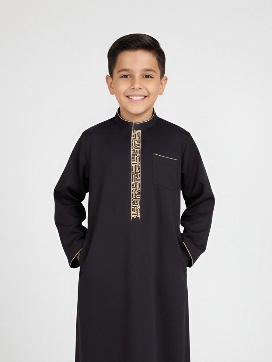 Boys' Black Thobe with Gold Geometric Placket & Pockets