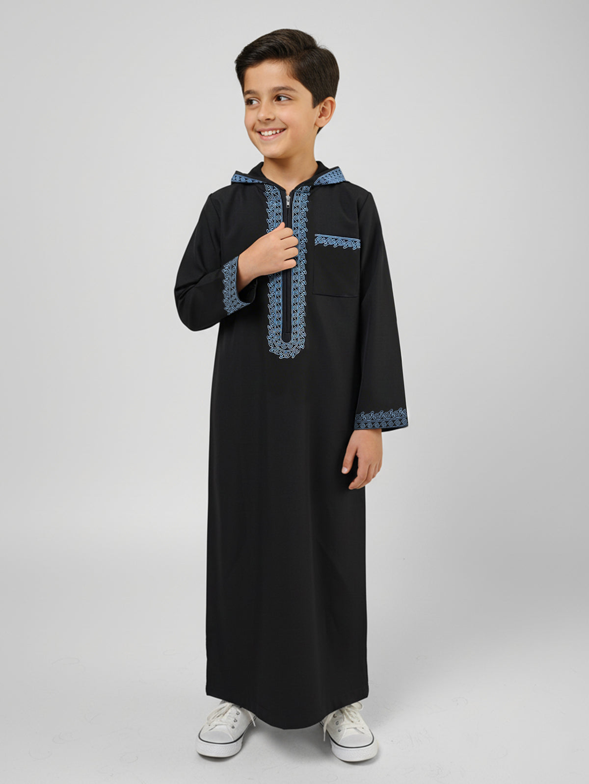 Boys' Black Hooded Djellaba with Blue Embroidery & Zip Neck