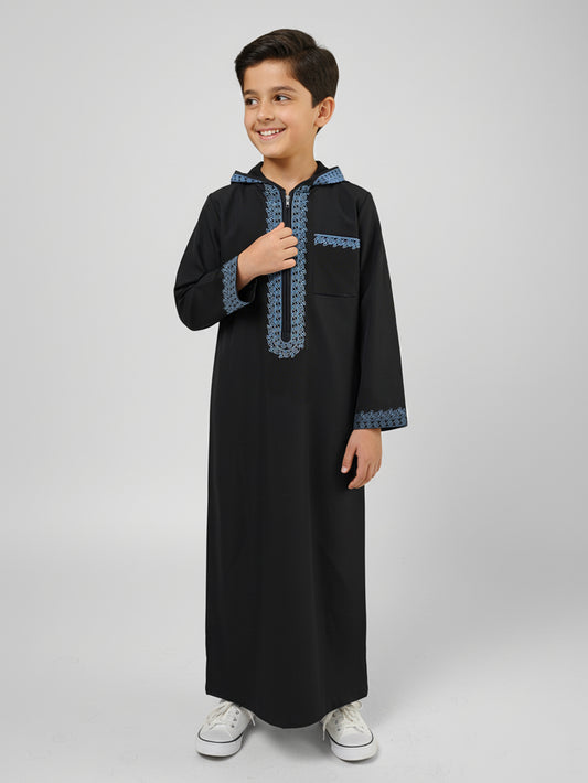 Boys' Black Hooded Djellaba with Blue Embroidery & Zip Neck