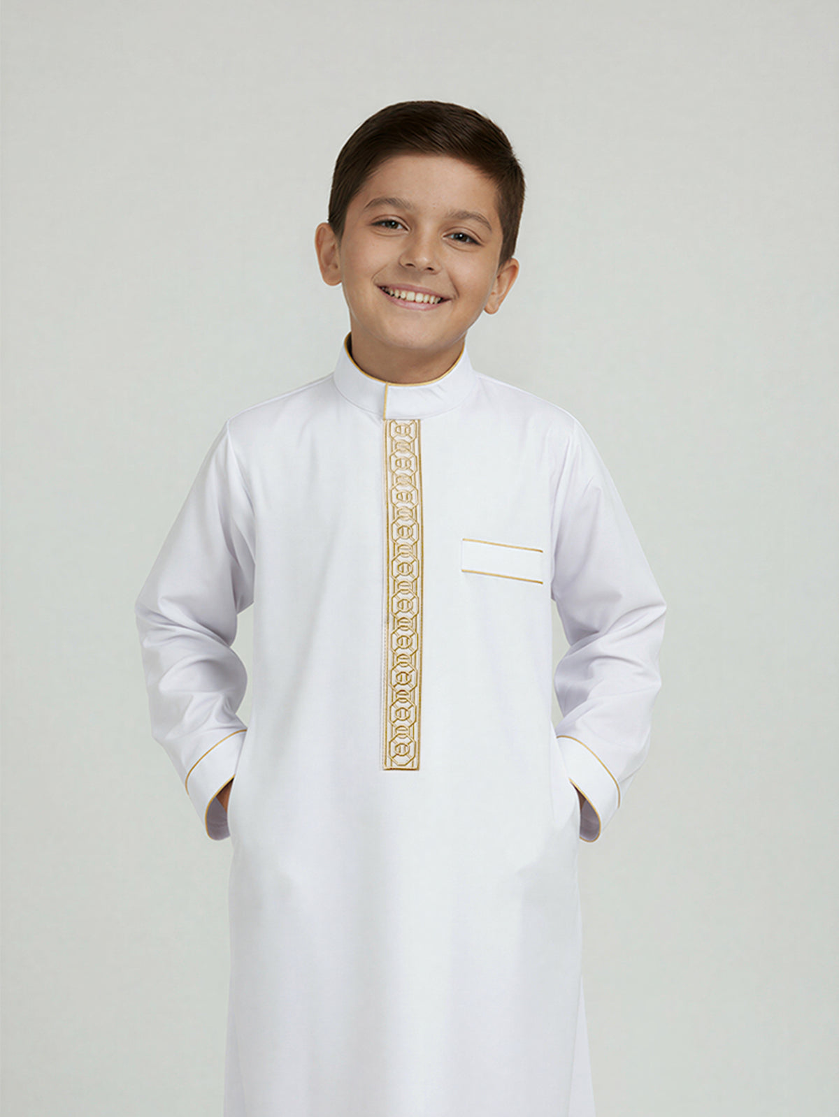 Boys' Geometric Embroidered Thobe with Gold-Tone Trim – Available in White or Black