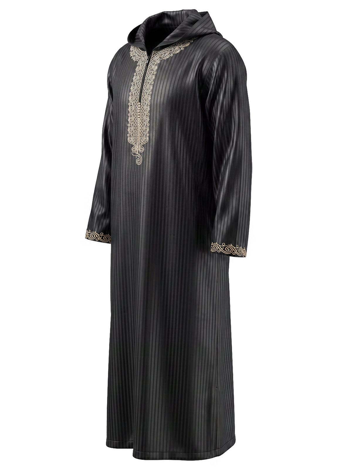 Herren Schwarzes Kapuzen-Thobe mit Goldstickerei - Gestreiftes Gebets- & Festtagsgewand