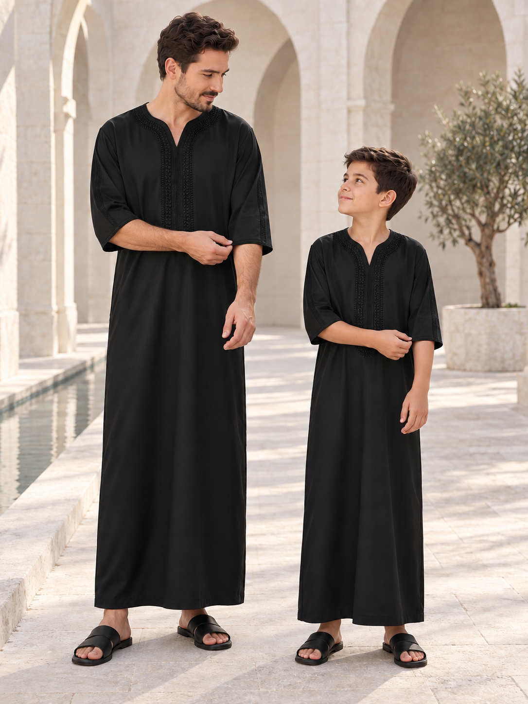 Matching Father & Son Black Kaftans with Tonal Embroidery – Relaxed Full-Length Robes for Eid & Summer Occasions