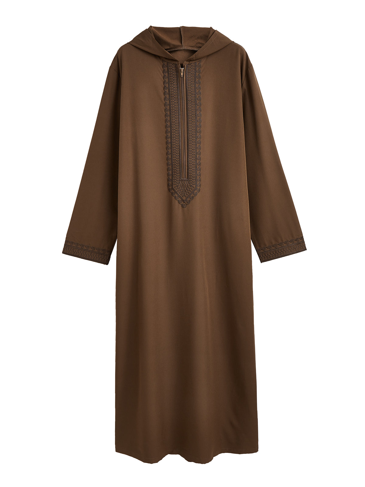 Thobe marocain à capuche pour homme, couleur marron – Robe élégante vintage avec broderie foncée sur la poitrine
