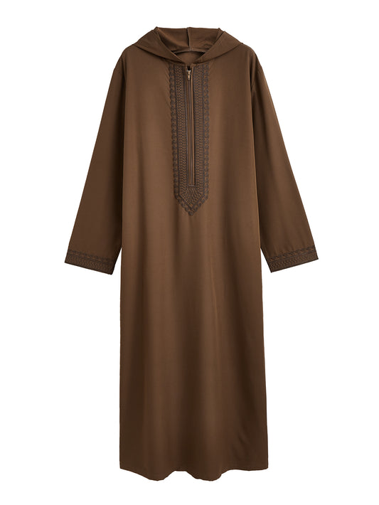 Marokkanischer Kapuzen-Thobe für Herren in Braun - Vintage-eleganter Kaftan mit dunkler Stickerei auf der Brust