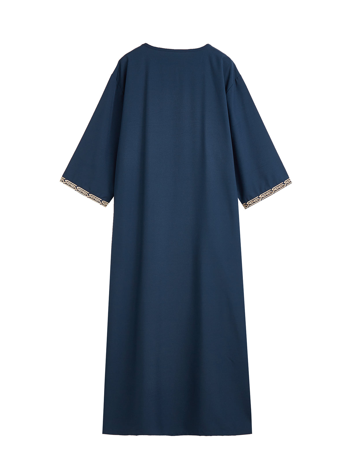 Qamis marocain bleu marine pour homme - Col en V, manches courtes avec broderies géométriques dorées