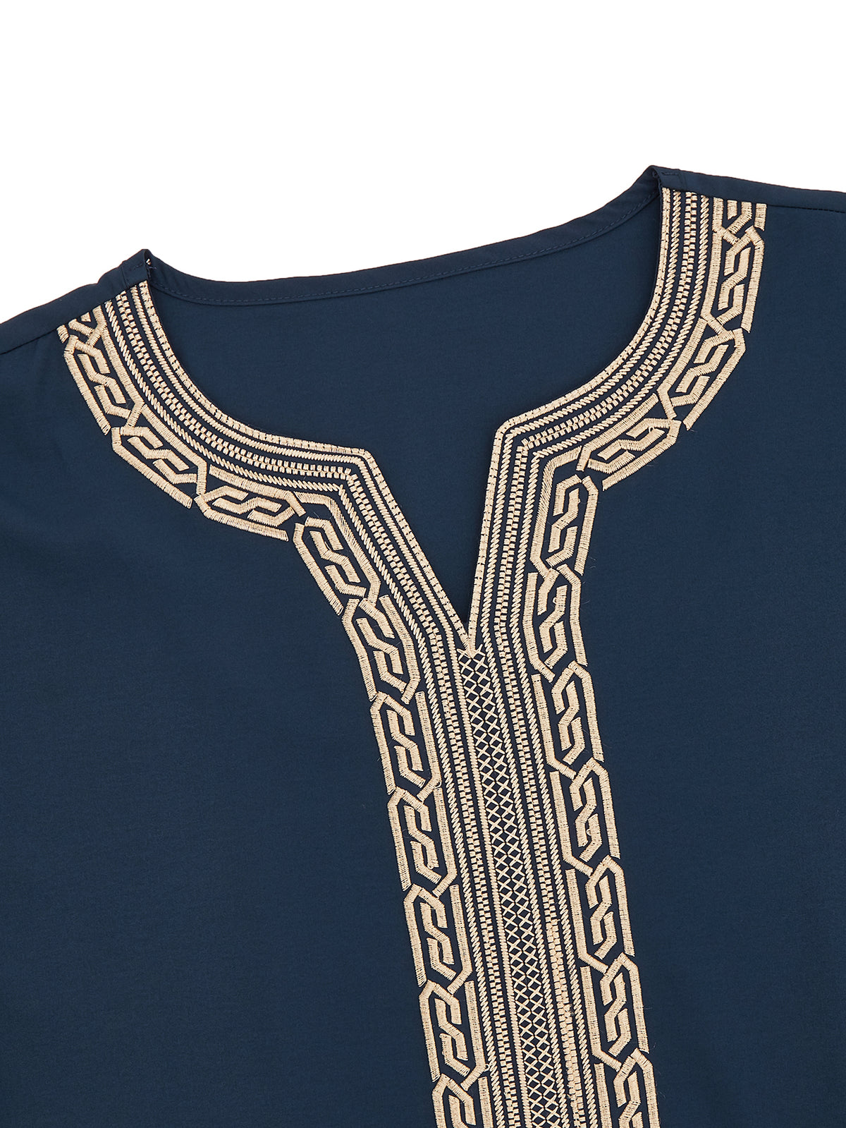 Qamis marocain bleu marine pour homme - Col en V, manches courtes avec broderies géométriques dorées