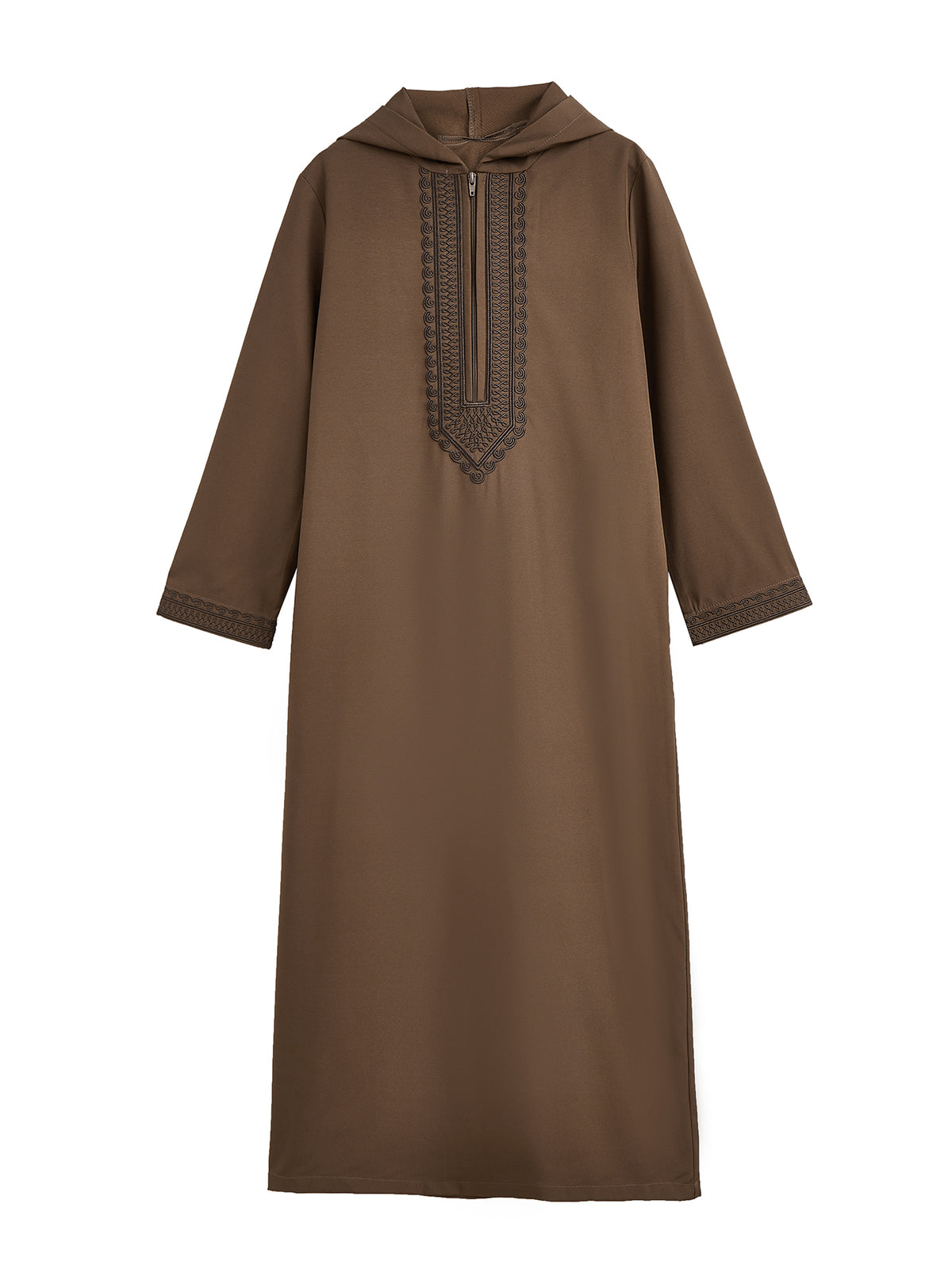 Boys’ Olive Brown Hooded Djellaba with Tonal Embroidery & Half-Zip Neck – Eid and Everyday Wear
