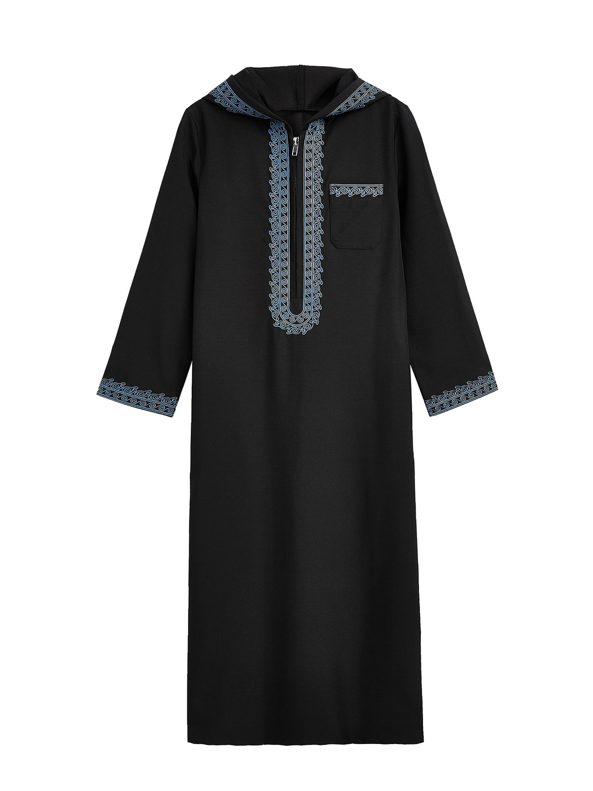 Boys' Black Hooded Djellaba with Blue Embroidery & Zip Neck