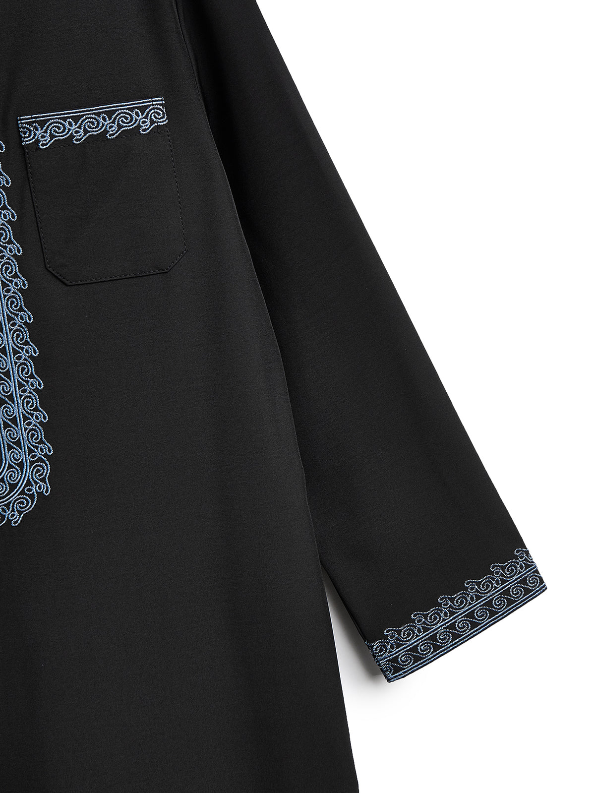 Boys' Black Hooded Djellaba with Blue Embroidery & Zip Neck