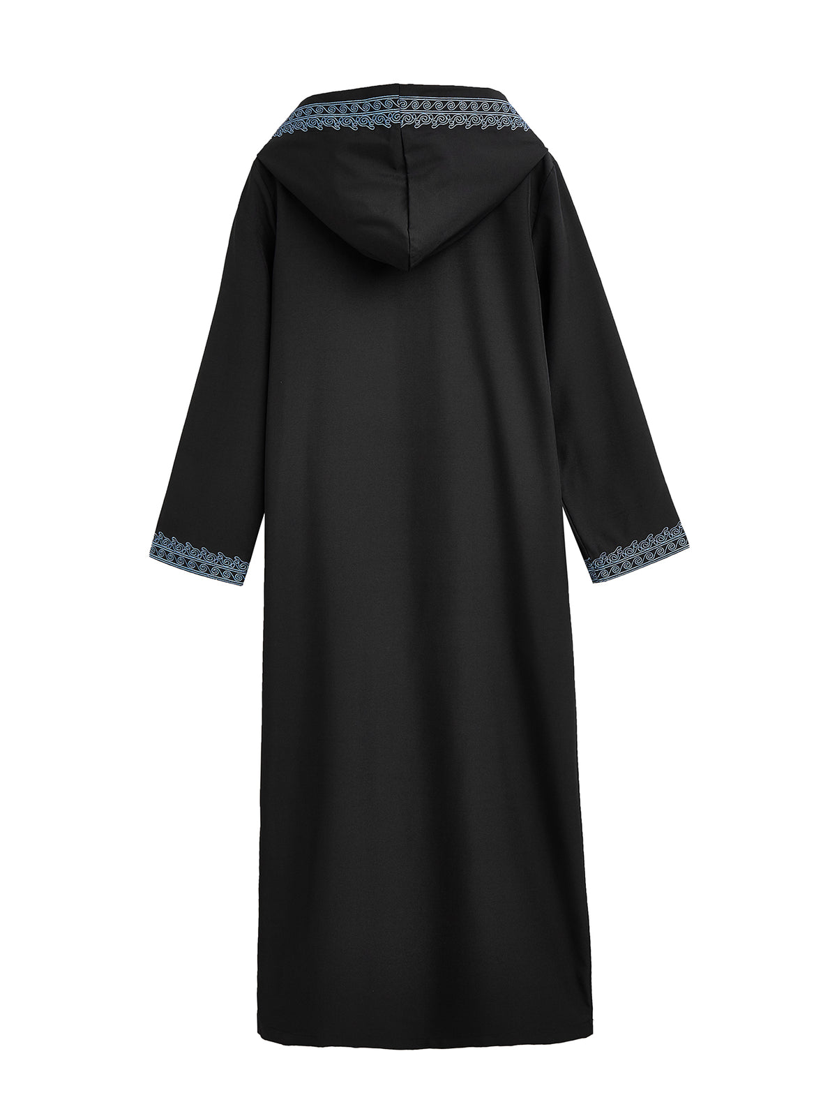 Boys' Black Hooded Djellaba with Blue Embroidery & Zip Neck