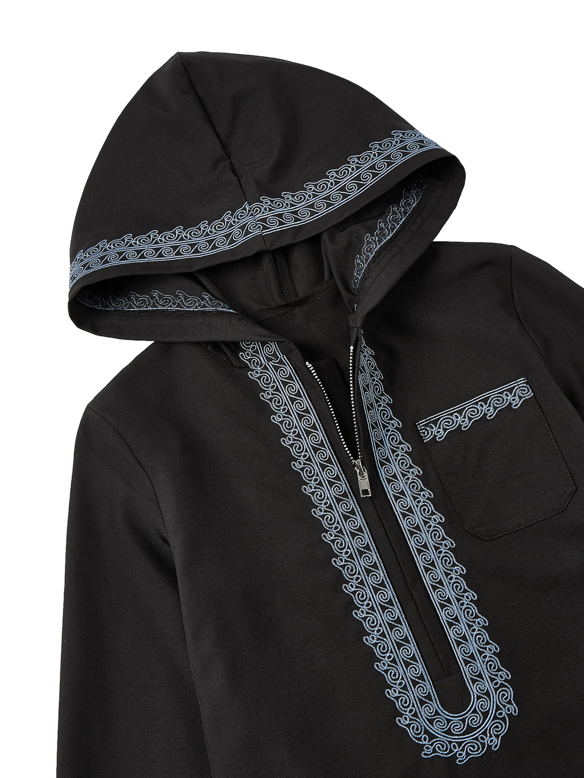 Boys' Black Hooded Djellaba with Blue Embroidery & Zip Neck