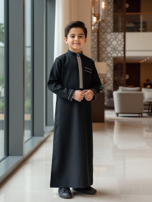 Boys' Black Embroidered Thobe with Gold-Tone Trim & Chest Pocket