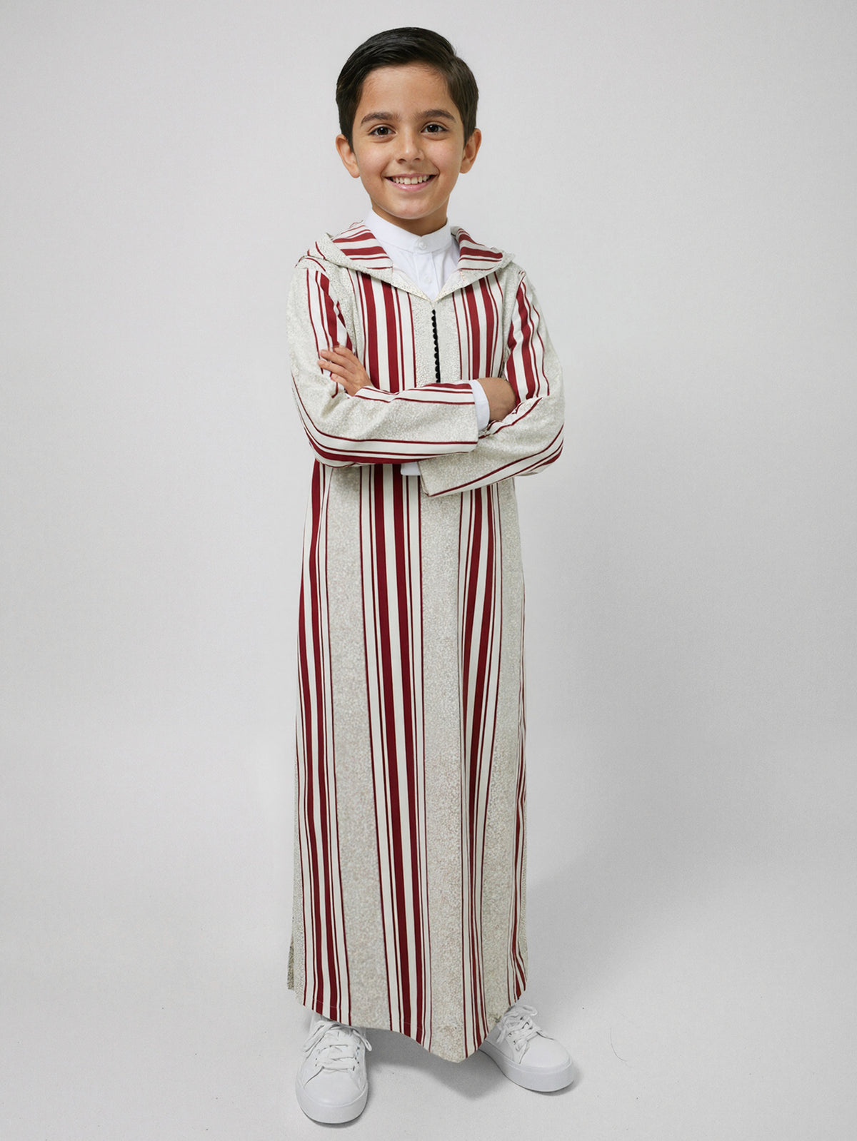 Boys’ Burgundy & Cream Striped Hooded Djellaba – Long Sleeve Robe for Eid & Everyday Wear