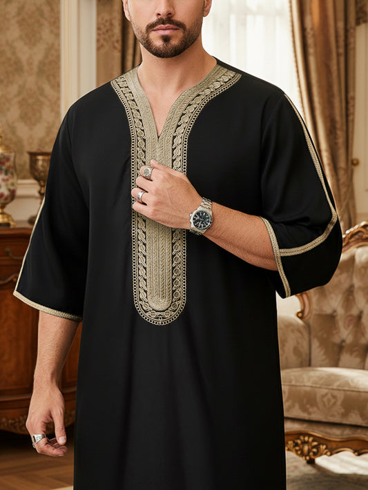 Men's Black Moroccan V-Neck Thobe with Gold Embroidery - Short Sleeve