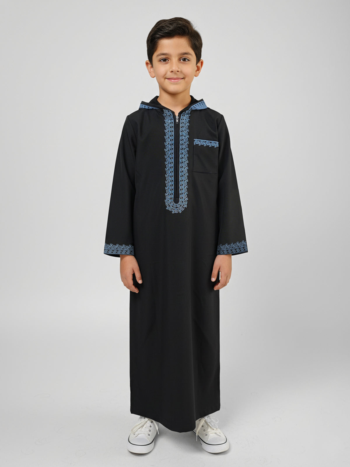 Boys' Black Hooded Djellaba with Blue Embroidery & Zip Neck
