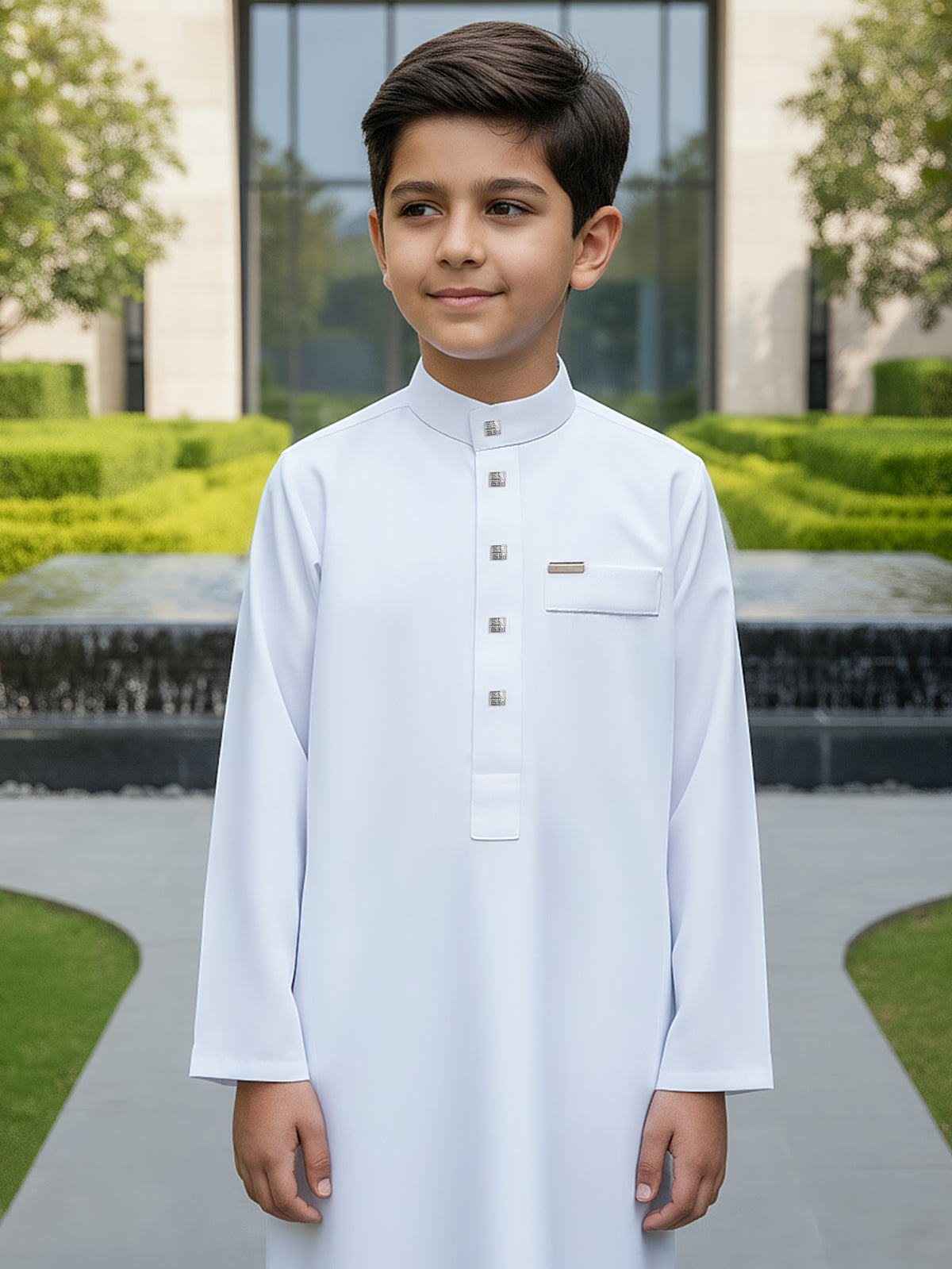 Boys’ Stand-Collar Thobe with Square Button Details & Chest Pocket – Available in White or Black