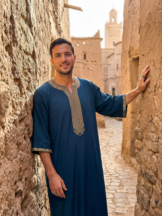 Men's Navy Moroccan Thobe - Short Sleeve V-Neck with Gold Geometric Embroidery