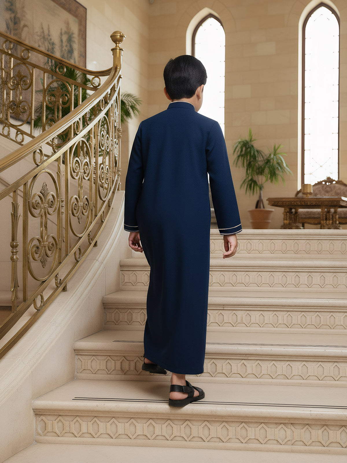 Boys' Embroidered Thobe – Classic Navy Blue Long-Sleeve Arabic Robe with Gold Trim
