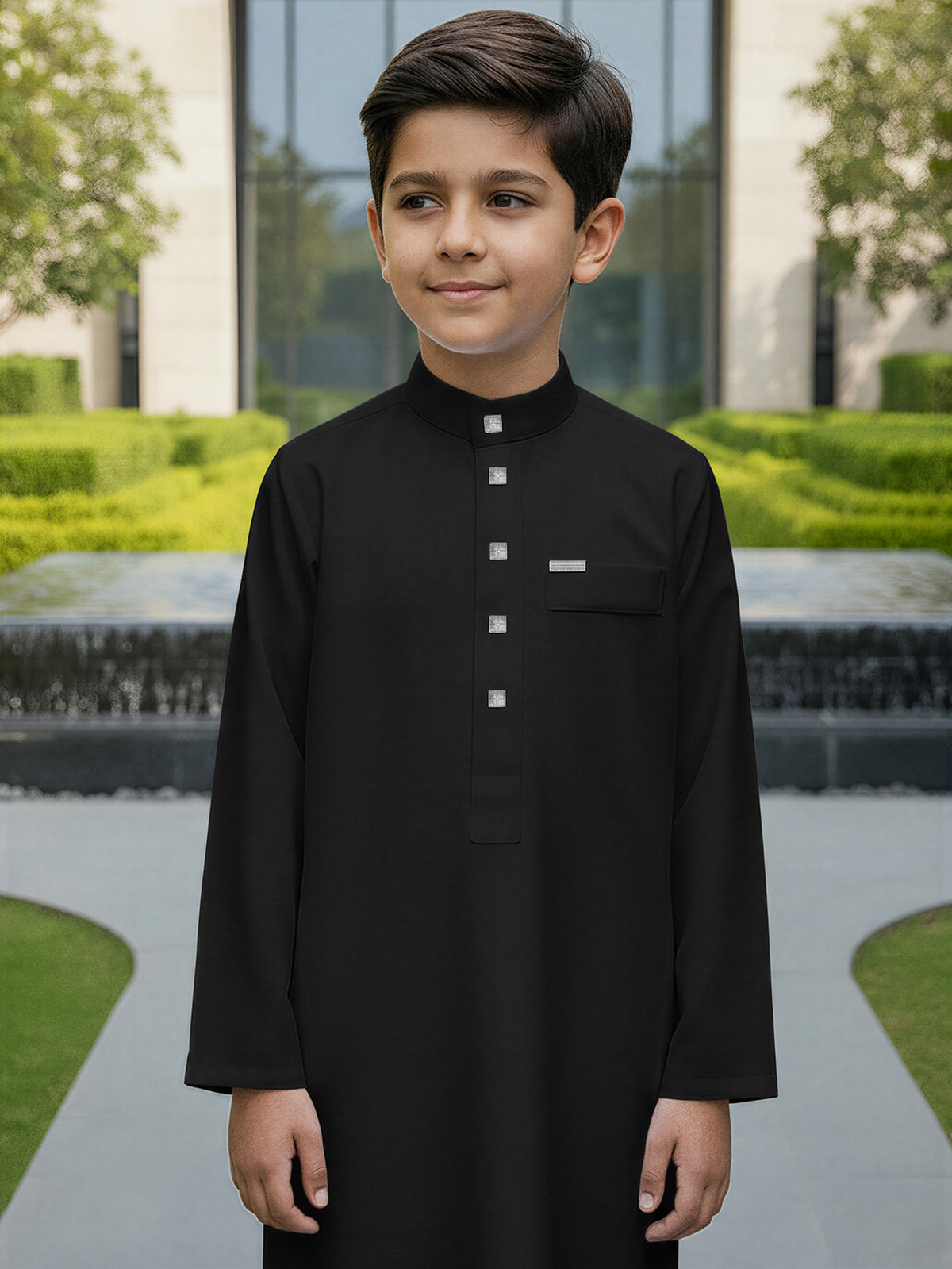 Boys’ Stand-Collar Thobe with Square Button Details & Chest Pocket – Available in White or Black