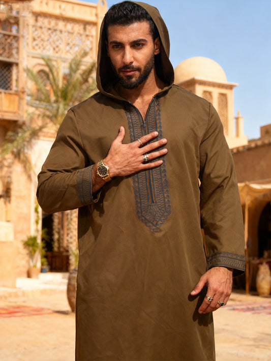 Men's Moroccan Hooded Thobe in Brown - Vintage Elegant Robe with Dark Embroidery on Chest