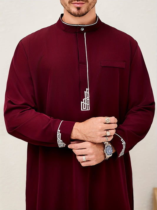 Men's Stand Collar Embroidered Thobe - Two Colors Available