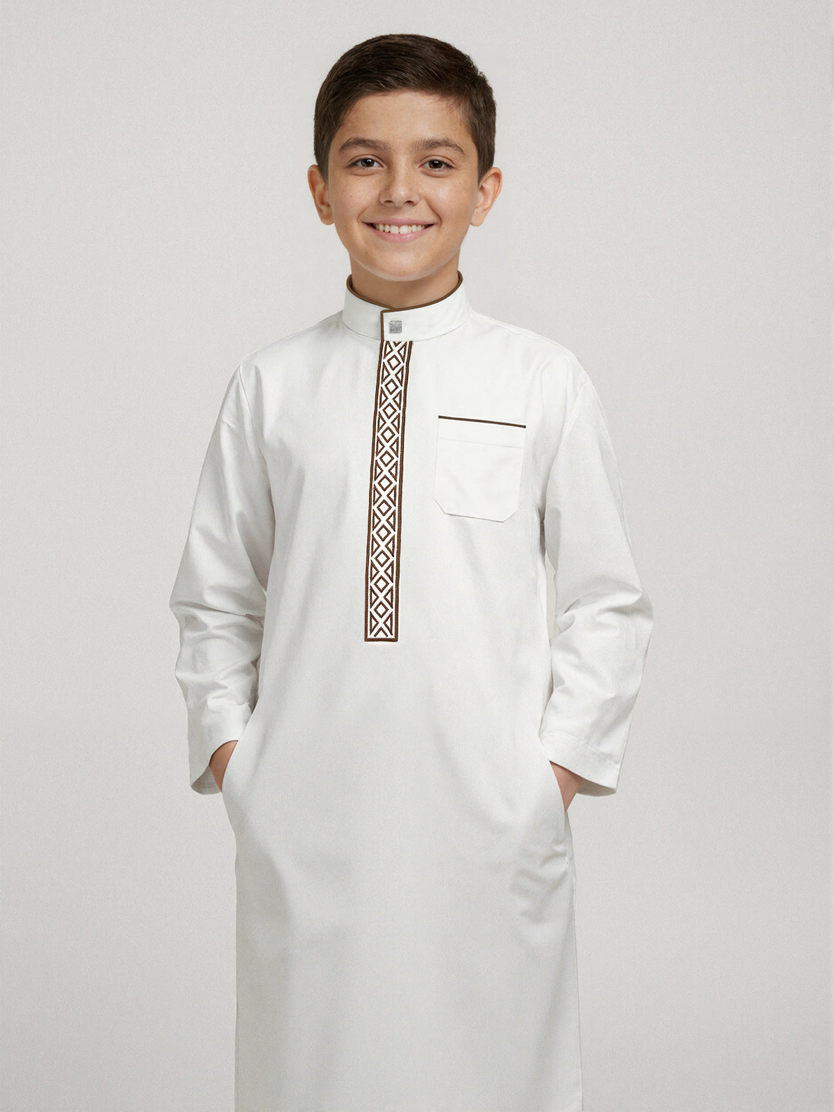 Boys' White Embroidered Thobe with Stand Collar & Pockets