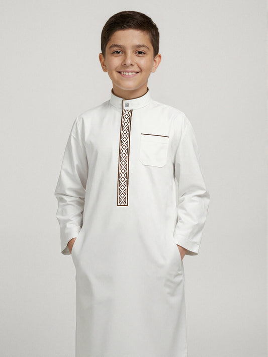 Boys' White Embroidered Thobe with Stand Collar & Pockets