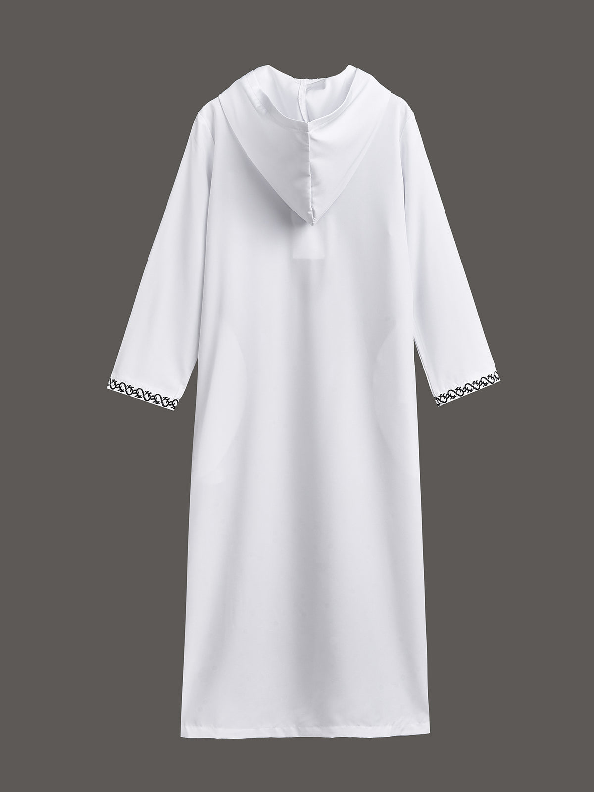 Boys' White Hooded Djellaba with Black Embroidery & Zip Neck