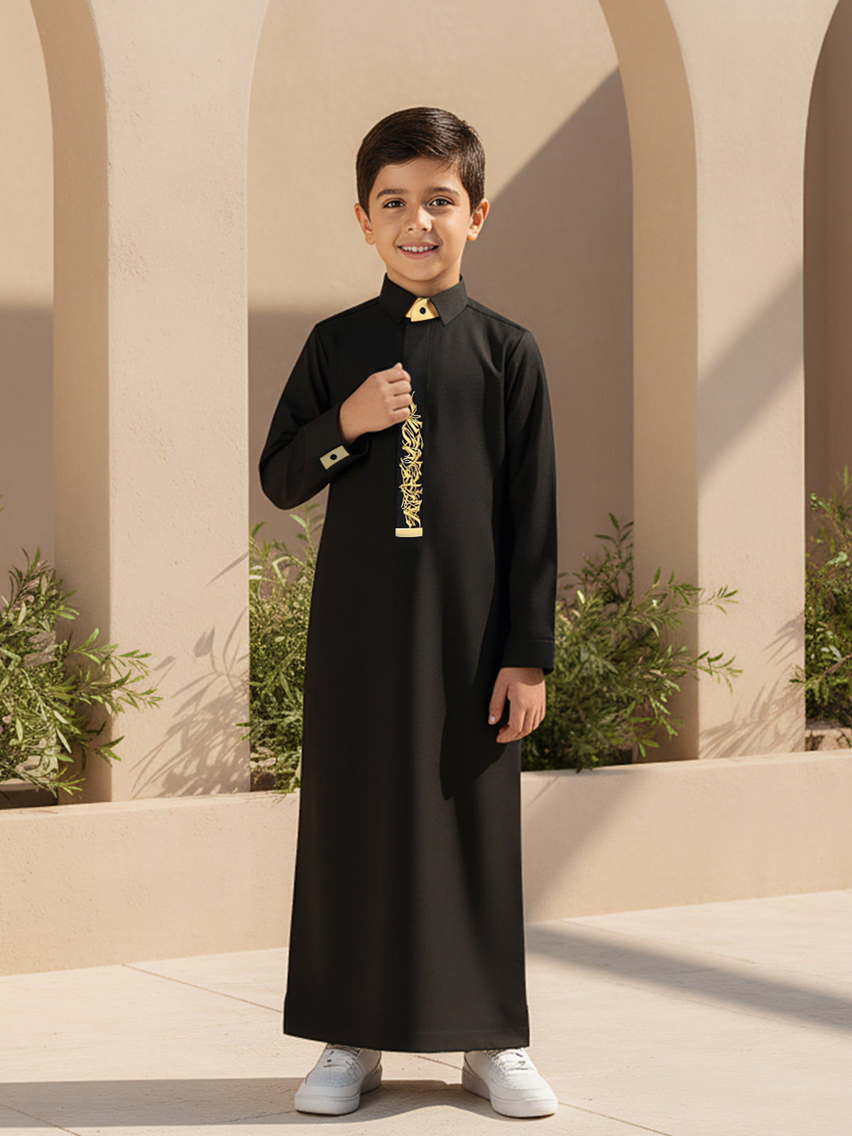 Boys’ Black Thobe with Turn-Down Collar and Gold Embroidered Placket