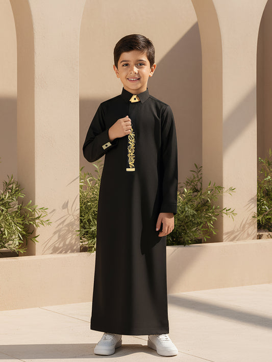Boys’ Black Thobe with Turn-Down Collar and Gold Embroidered Placket
