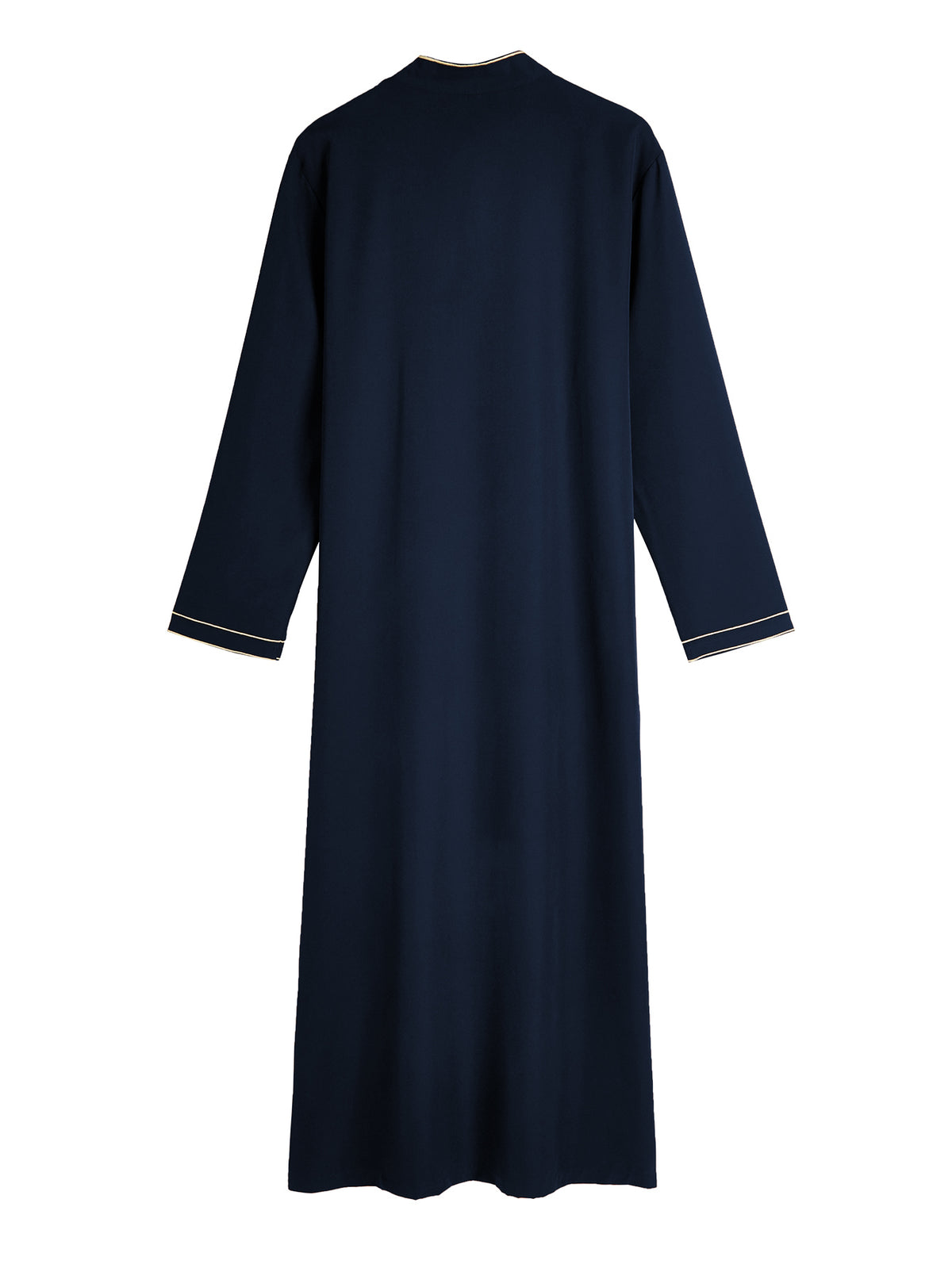 Thobe élégant et moderne pour hommes, avec col droit, patte de boutonnage brodée de motifs géométriques et fausse poche passepoilée, deux coloris disponibles.