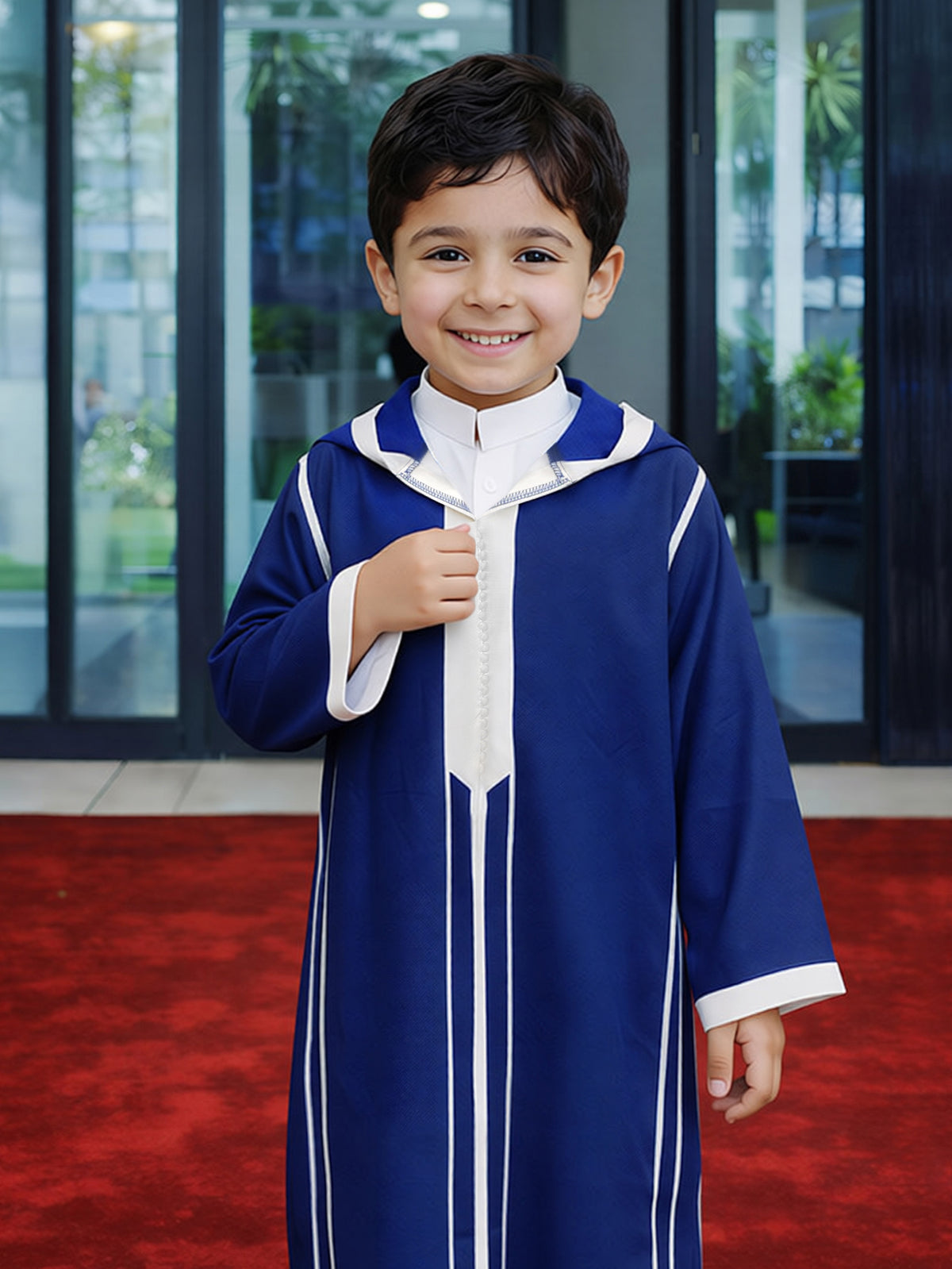Boys’ Royal Blue Hooded Djellaba with White Contrast Trim – Long Sleeve Robe for Eid & Everyday Wear