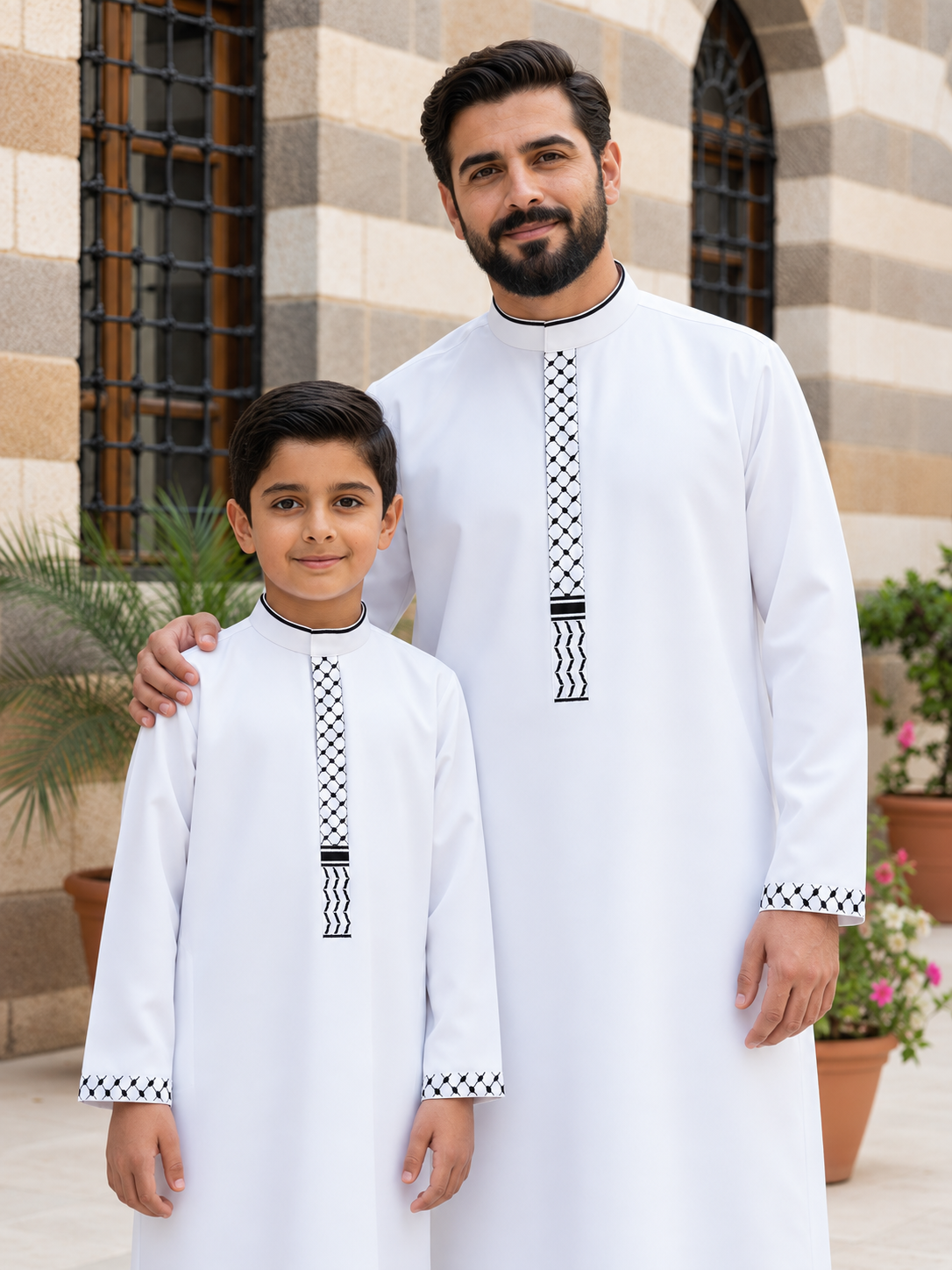 Matching Father & Son White Thobes with Black Keffiyeh-Inspired Embroidery – Long Sleeve Islamic Robes for Eid & Prayer