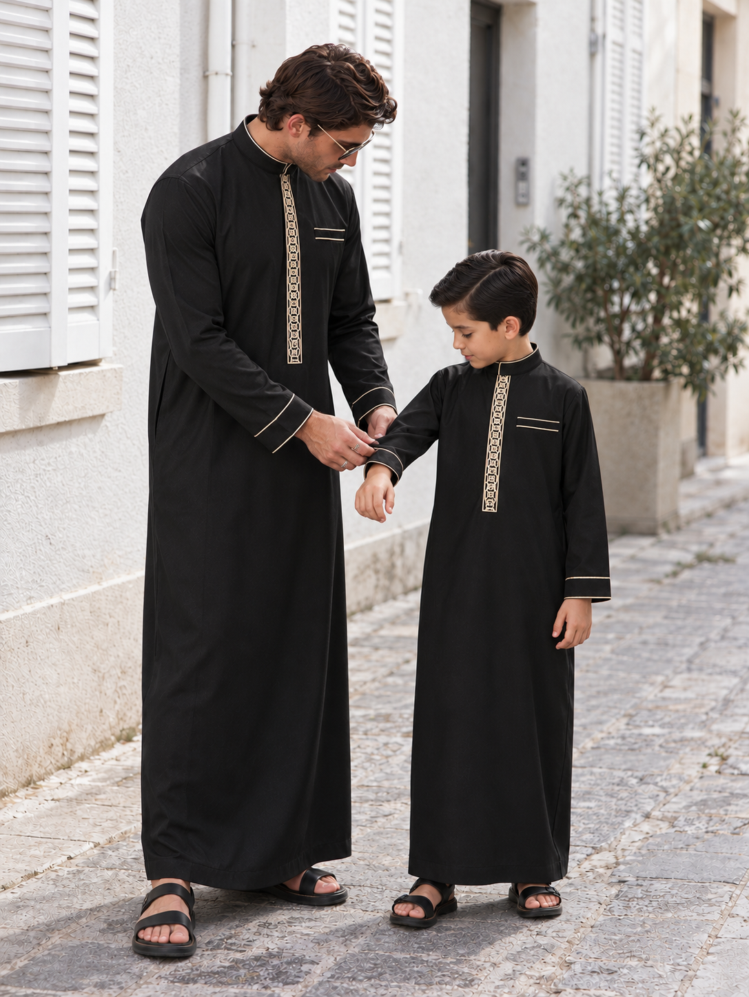 Matching Father & Son Black Thobes with Gold Geometric Embroidery – Long Sleeve Islamic Robes for Eid & Family Occasions