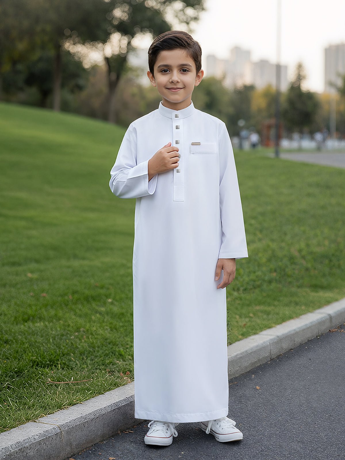 Boys’ Stand-Collar Thobe with Square Button Details & Chest Pocket – Available in White or Black