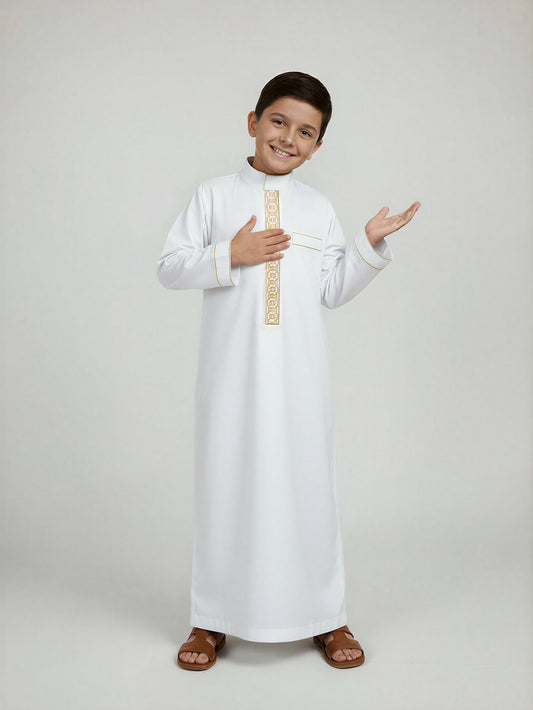 Boys' Geometric Embroidered Thobe with Gold-Tone Trim – Available in White or Black