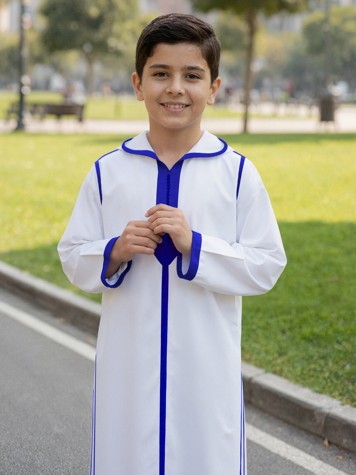 Boys' White Hooded Djellaba with Royal Blue Trim